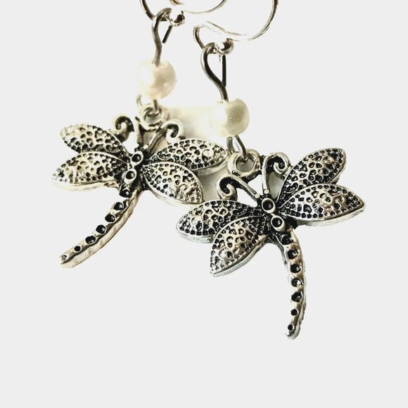 Dragonfly Earrings Silver Plated Pearl Hypo-allergenic Insect Sensitive Ears - Picture 3 of 10